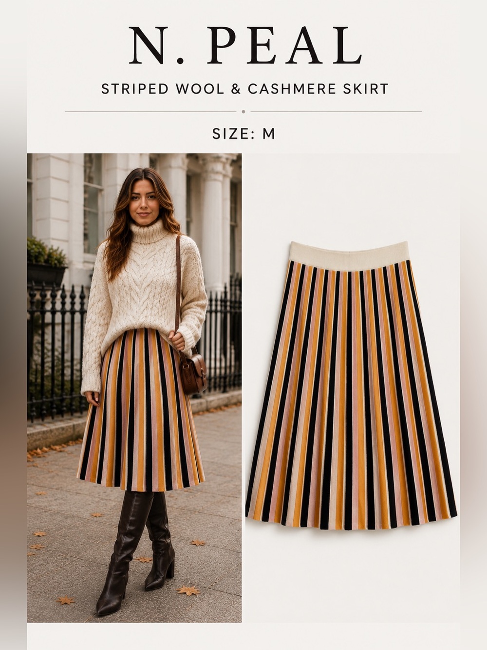 N.Peal Cream Striped Wool & Cashmere Midi Skirt Size M